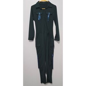 B#91 Women's Dark Green Cargo Jumpsuit Long Sleeve‎ Belted Romper
